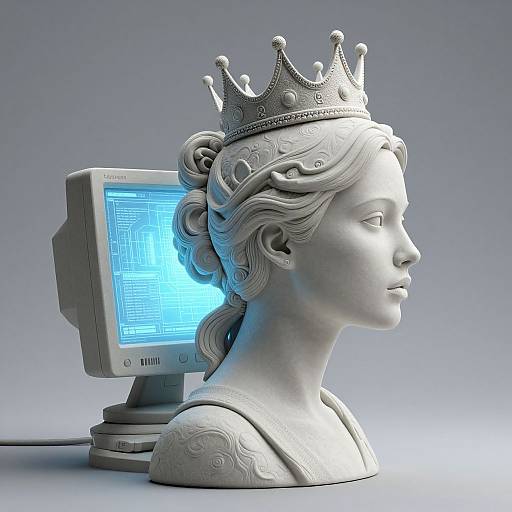 Digital sculpture of a white marble bust of a crowned woman with intricate hair, wearing a dress, connected to an old monitor displaying blue grid patterns.