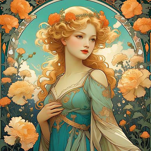 Art Nouveau Woman with Carnations
