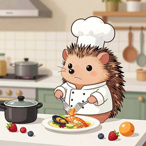 Cartoon Hedgehog Chef Preparing Seafood