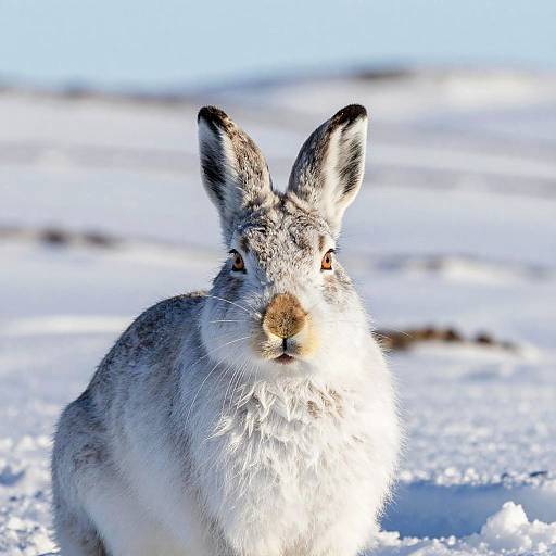 Photograph of a gray and white snowshoe hare with upright ears, standing in a snowy field under bright sunlight.