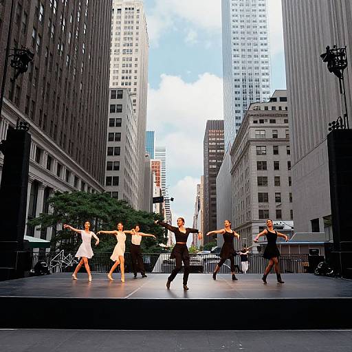 Photograph of six dancers in a city street, wearing various black and white outfits, performing a synchronized routine between tall skyscrapers. Bright daylight contrasts