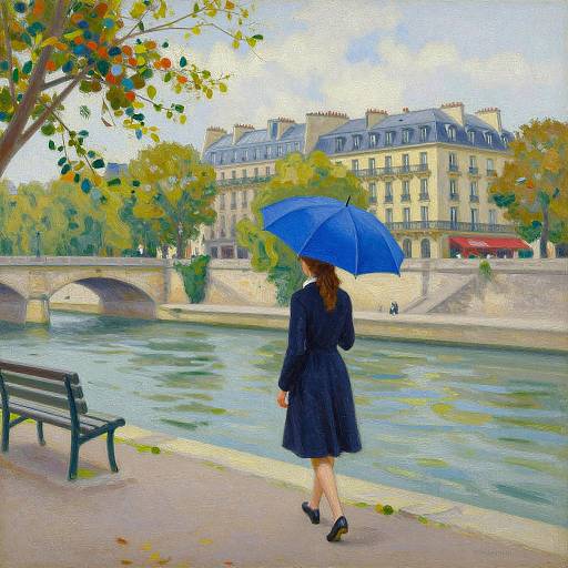 Impressionist-style painting of a woman in a navy dress and black shoes, holding a bright blue umbrella, walking by a Parisian river with historic