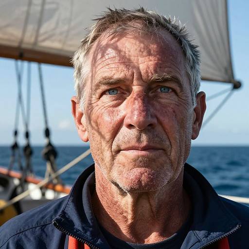Photograph of a weathered, middle-aged man with gray hair, blue eyes, and wrinkles, wearing a black jacket, standing on a sailboat