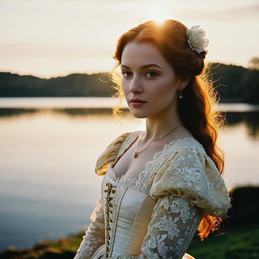 Scottish Renaissance Woman by Lake at Golden Hour