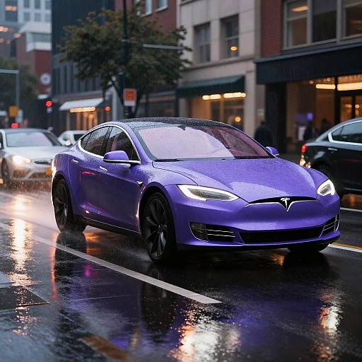 Purple Tesla Model S in Rainy City