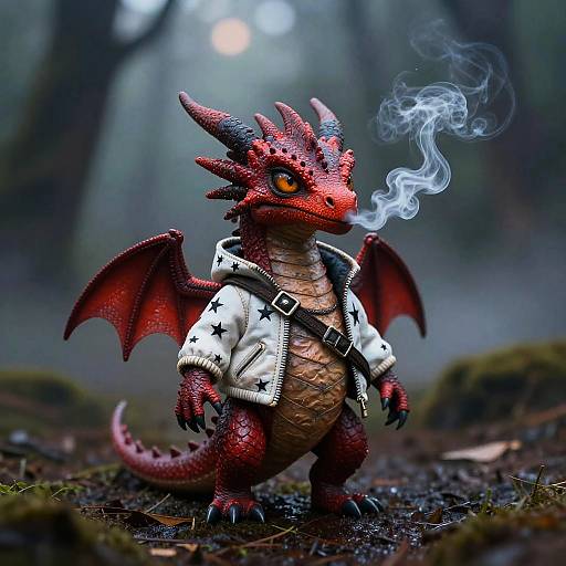 Photorealistic CGI: Red dragon with black horns, orange eyes, smoking, wears white star-patterned jacket, brown harness, standing in misty