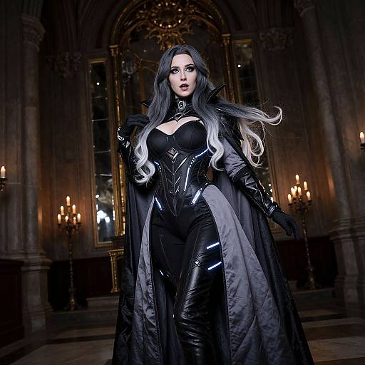 Digital artwork of a dark-haired woman in a black, gothic, leather outfit with a long cape, standing in a dimly lit, ornate