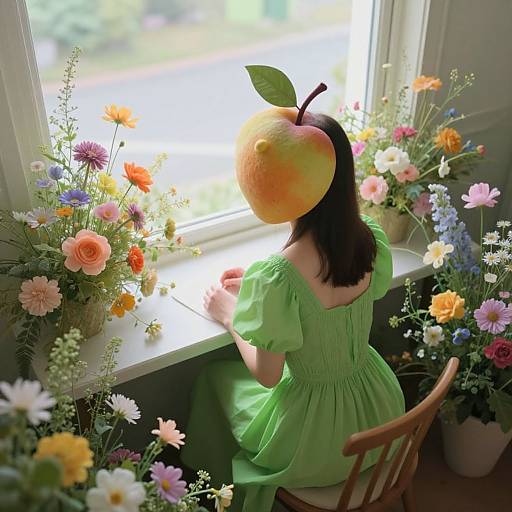 Photograph of a woman in a green dress with a peach-shaped head, sitting by a window surrounded by colorful flowers.
