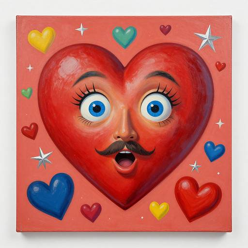 Bright digital painting of a red heart with a surprised face, blue eyes, mustache, surrounded by colorful hearts and stars on a pink background. Wh
