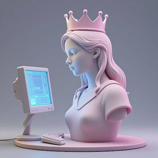 Digital 3D sculpture of a crowned woman with long hair, blue-tinted, focused on an old-style monitor and keyboard.