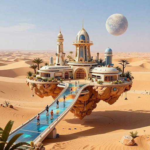 Digital art of a futuristic desert oasis with a floating, dome-topped palace, blue water slide, palm trees, and a large moon in a clear