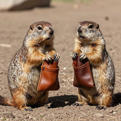 Photograph of two prairie dogs standing on dirt, each holding a small brown leather pouch with both paws, looking at each other. Blurred