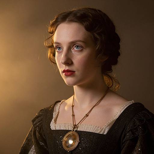 Photograph of a fair-skinned woman with blue eyes, wavy brown hair, red lipstick, wearing a black dress with lace trim, gold necklace