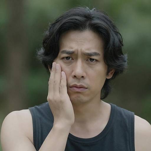 Concerned Asian Man in Forest Setting