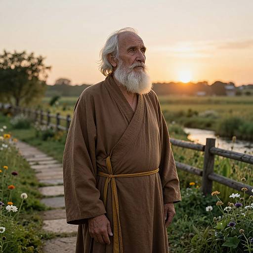 Photograph of an elderly white man with a white beard, wearing a brown robe, standing on a garden path at sunset.