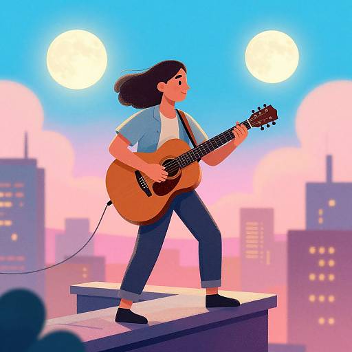 Digital illustration of a long-haired woman playing an acoustic guitar on a rooftop stage at sunset, with bright suns in the blue-pink sky and city
