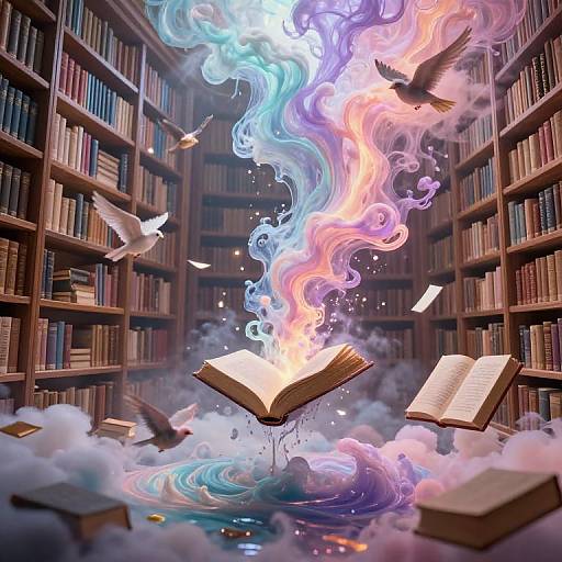 Digital artwork: Library with floating books, swirling ethereal colors, and birds, central open book emitting vibrant, magical flames.