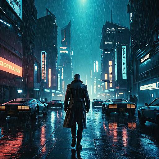 Futuristic Rainy Cityscape with Lone Man