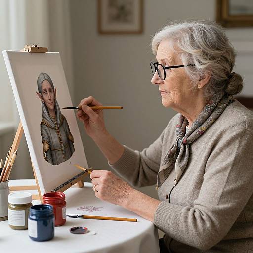 Elderly woman with gray hair and glasses, wearing a beige cardigan, painting a portrait of a nun on an easel. Brightly lit