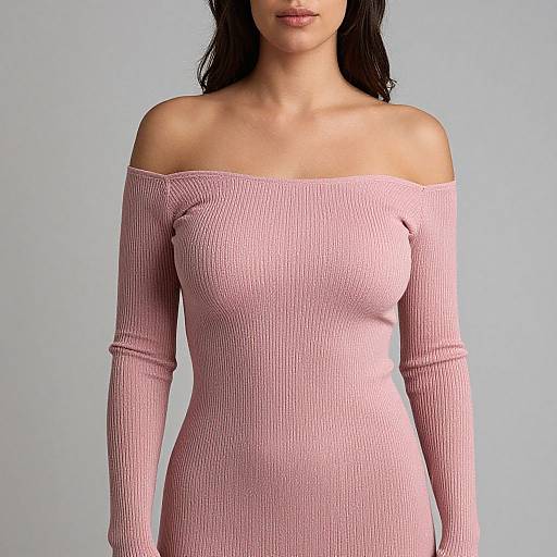 Photograph of a woman with long dark hair, wearing an off-shoulder, ribbed, pink knit dress, standing against a light blue background