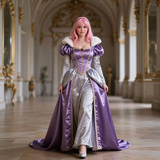 Photograph of a pink-haired woman in a regal, purple and silver Renaissance-style gown with fur trim, walking in an ornate, baroque