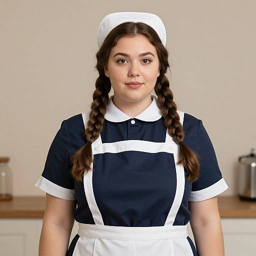 Photograph of a young woman with fair skin, brown braided hair, wearing a black and white maid uniform, white cap, standing in a plain