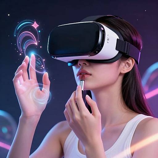 Photograph of an Asian woman with long black hair, wearing a white tank top and VR headset, touching glowing, neon-colored rings with her fingers against