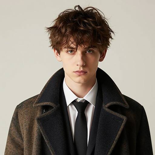 Photograph of a young, white man with tousled brown hair, wearing a black coat, white shirt, and black tie, against a white background