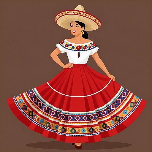 Digital illustration of a smiling Mexican woman in a white off-shoulder top, red skirt with colorful patterns, and sombrero, posing against a brown