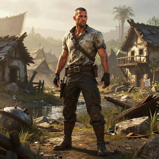 Photorealistic CGI of a muscular, dirty, shirtless man with short hair, wearing black pants, boots, and gloves, standing in a sun