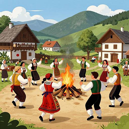 Colorful digital illustration of traditional folk dance in a village with a bonfire, surrounded by wooden houses and green hills. Dancers in vibrant outfits,