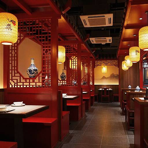 Photograph of a dimly lit, traditional Chinese restaurant with red wooden booths, black tiled floor, intricate lattice panels, ornate hanging lamps, and