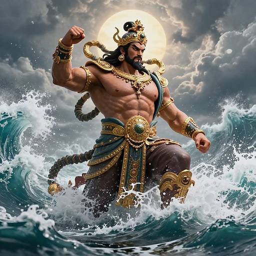 Digital art of muscular, bearded god with golden crown and armor, flexing in turbulent ocean waves under bright, cloudy sky.