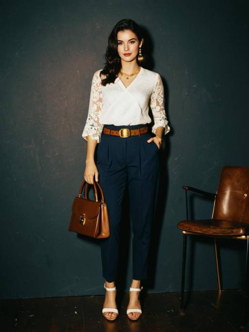 Woman in Casual Chic Outfit with Lace Blouse