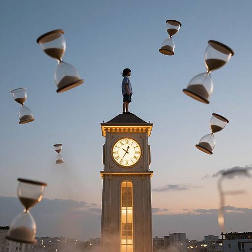 Photograph of a clock tower with glowing face, topped by a statue, surrounded by floating hourglasses against a twilight sky.