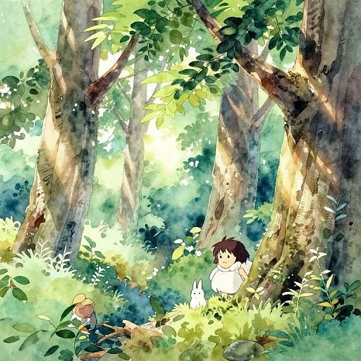 Whimsical watercolor painting of a sunlit forest with a brown-haired child in white, beside a white rabbit, surrounded by lush greenery and