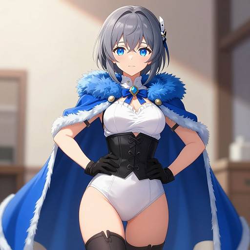 Digital anime-style artwork of a blue-eyed, gray-haired girl in a white bodysuit, black corset, blue fur-trimmed cape,