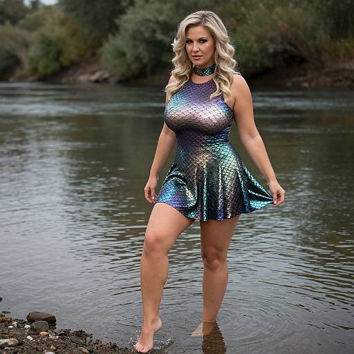 Photograph of a blonde woman with wavy hair, wearing a shimmering blue and purple mini-dress, standing barefoot in a shallow river with