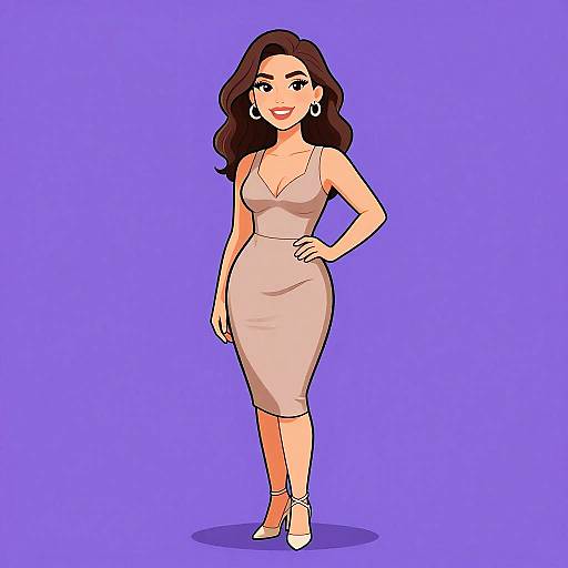 Digital illustration of a confident woman with wavy brown hair, wearing a beige, form-fitting dress, white high heels, and hoop earrings, standing