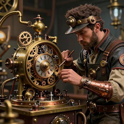 Photograph of a bearded man in steampunk gear, repairing a brass clockwork machine with intricate gears and copper pipes.