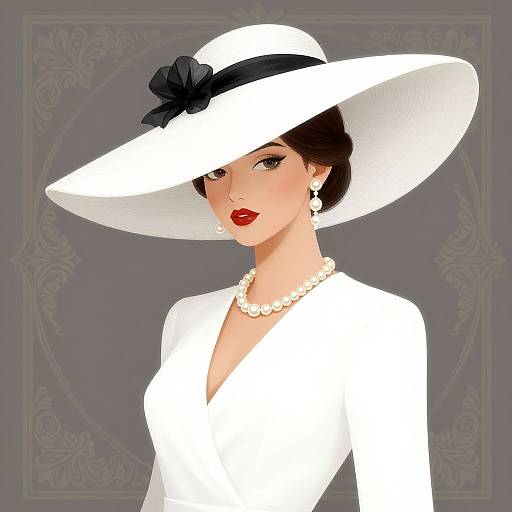 Digital illustration of a stylish woman with fair skin, red lipstick, black hair, white wide-brimmed hat, pearl necklace, and white blouse,