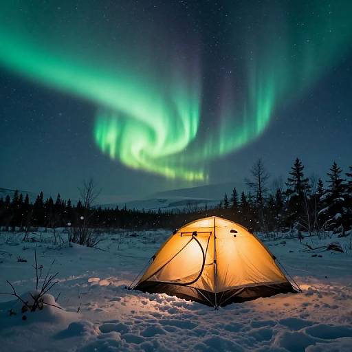 Photograph of a glowing yellow tent in a snowy forest under a vivid green and blue aurora borealis night sky.