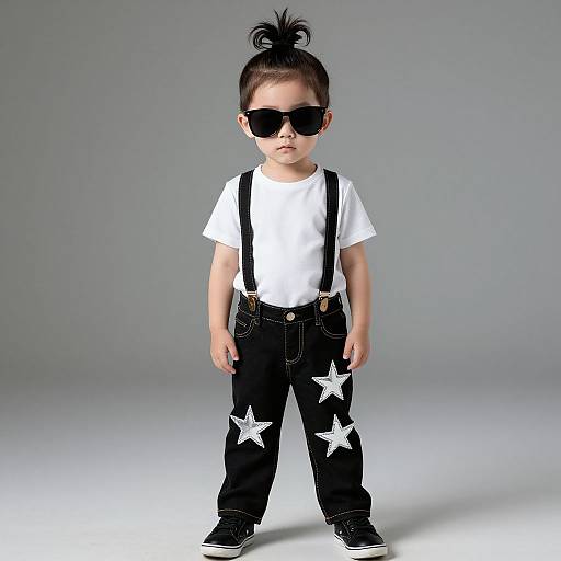 Photograph of a young Asian boy with a topknot, black star-patterned jeans, white t-shirt, black suspenders, oversized black sunglasses