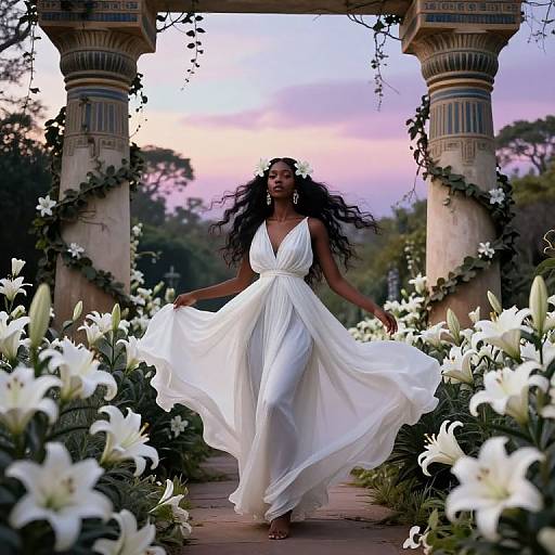 Photograph of a dark-skinned woman with long curly hair, wearing a flowing white gown, dancing through a garden archway surrounded by white lilies