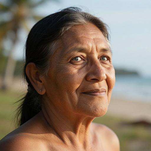 Photograph of an elderly Indigenous woman with dark hair, deep wrinkles, and brown eyes, smiling gently against a blurred beach background.