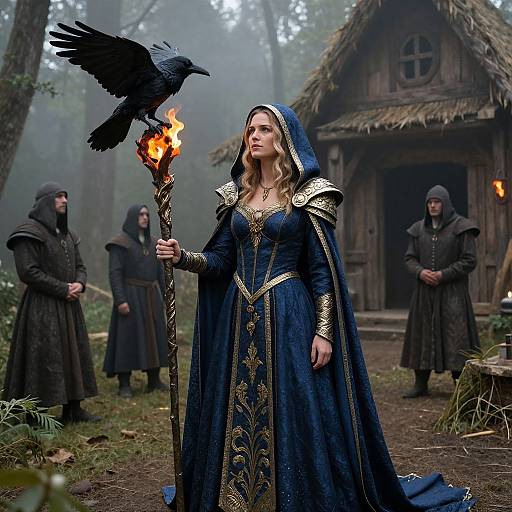 Photograph-style CGI of a medieval forest scene: a blonde woman in an ornate blue gown holding a flaming staff with a black crow, surrounded by