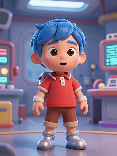 Digital 3D cartoon of a blue-haired boy in a red shirt, brown shorts, and silver boots, standing in a futuristic lab.