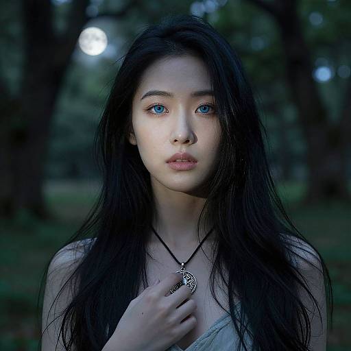 Photograph of a young Asian woman with long black hair, blue eyes, and fair skin, wearing a silver necklace, standing in a dimly lit