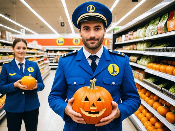 Man in Uniform Holding Carved Pumpkin in Grocery Store