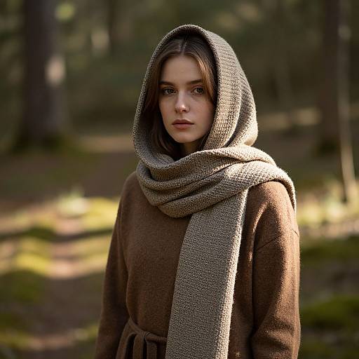 Photograph of a young woman with fair skin and brown eyes, wearing a brown woolen cloak and gray knitted scarf, standing in a sunlit